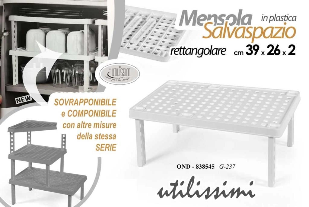 1 Pezzo Mensola Salvaspazio Sovrapponibile in Plastica Bianco 39 x 26 x 2 cm