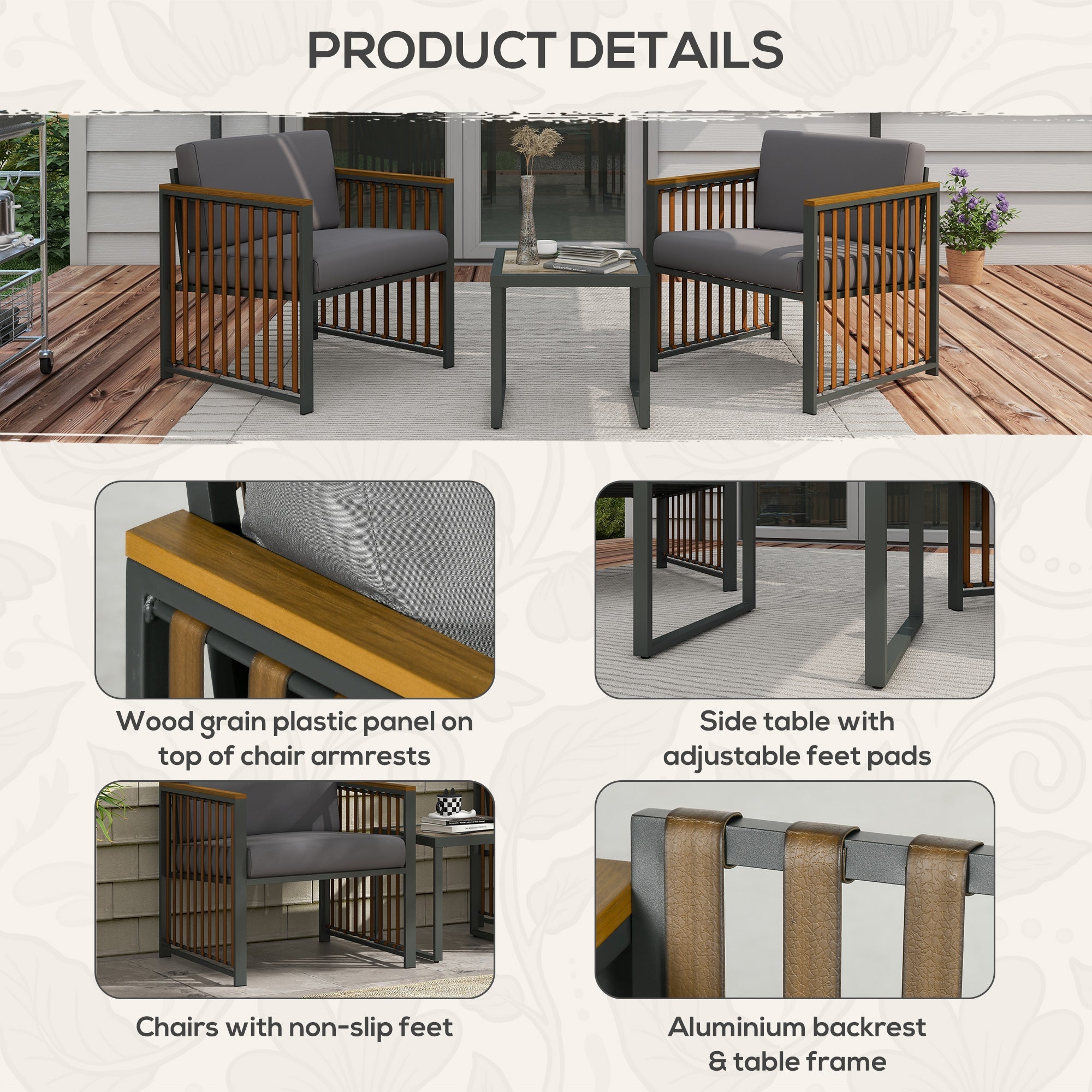 Set Tavolino e 2 Sedie da Giardino  in Acciaio e Rattan Grigio