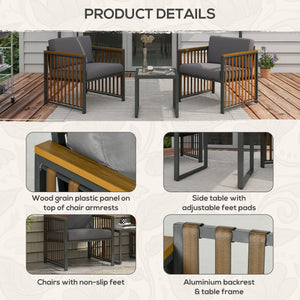 Set Tavolino e 2 Sedie da Giardino  in Acciaio e Rattan Grigio