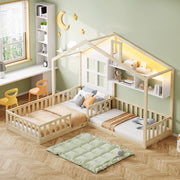 OKWISH Letto a casetta 90×200 cm, Letto Singolo con Mensole, LED e Sponda di Sicurezza, senza Materasso, in Legno Massello, Bianco