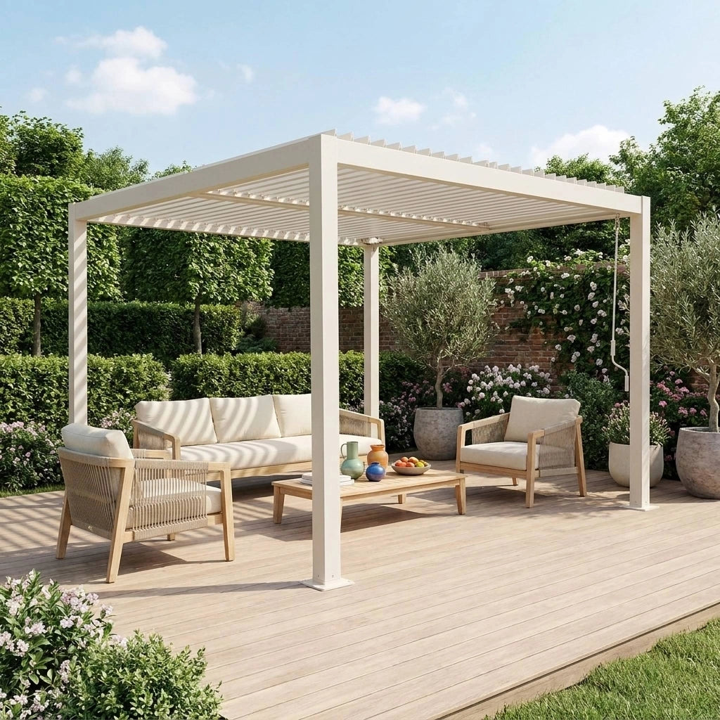 Pergola bioclimatica 3x3m in alluminio e acciaio, lamelle orientabili,