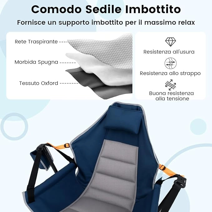 Sedia da Campeggio Amaca, Sedia a Dondolo Pieghevole con Portabicchieri, Schienale Regolabile, Poggiatesta, Sedile a Dondolo per Giardino, Patio, Prato, Portata 150 kg (Blu)