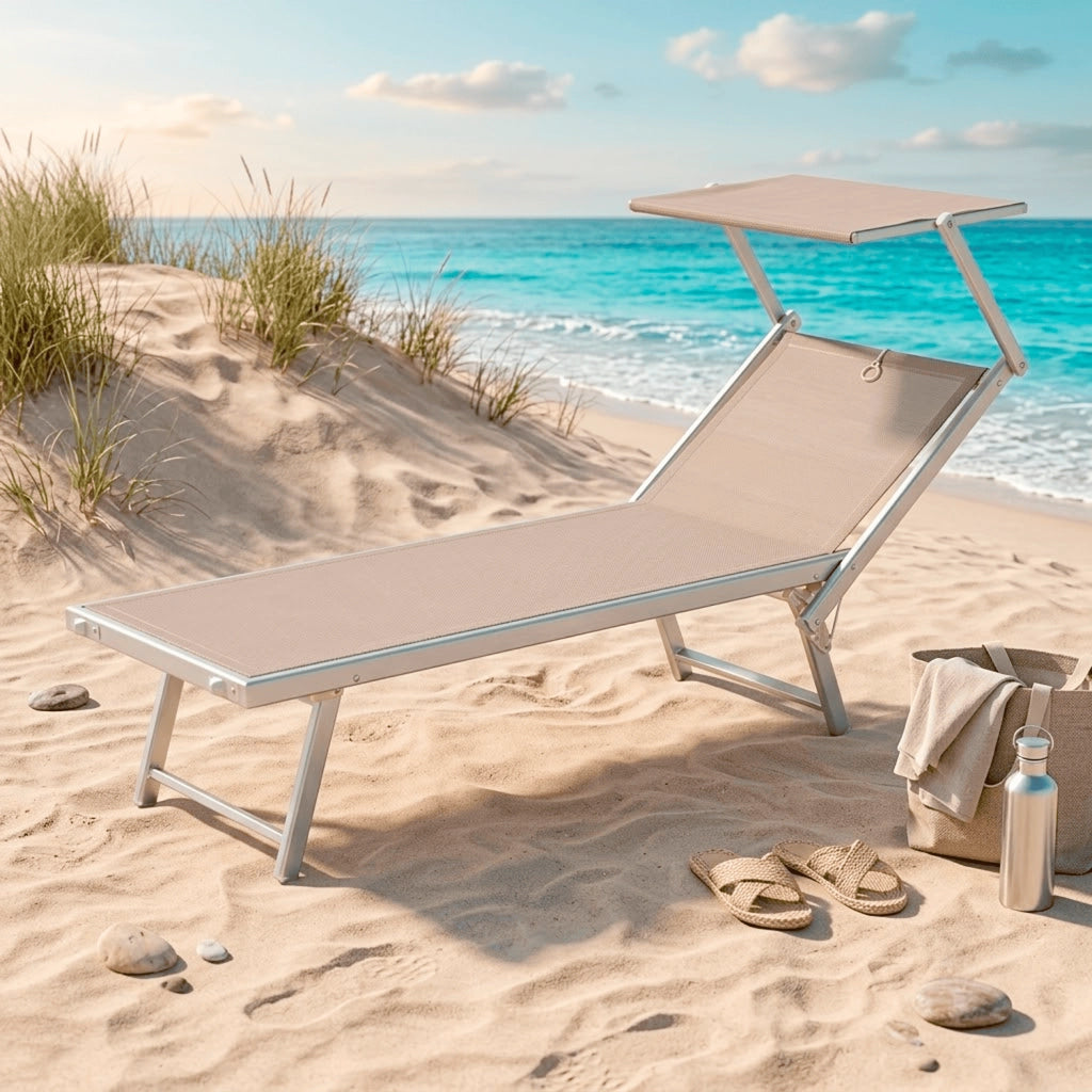 Lettino Prendisole Pieghevole Professionale Tettuccio Regolabile Tettino Parasole Sdraio Relax Mare Spiaggia Piscina Giardino Terrazza Esterno 182 x 60 x 38 Cm Beige