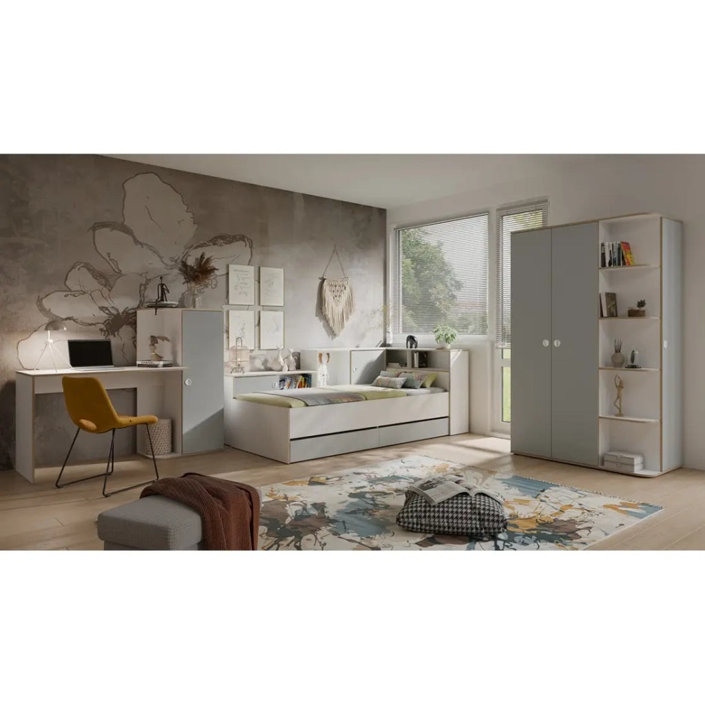 Scrivania per bambini ELYO – Con colonna di stoccaggio e 4 nicchie – Grigio, bianco & rovere chiaro – 160x129x53 cm