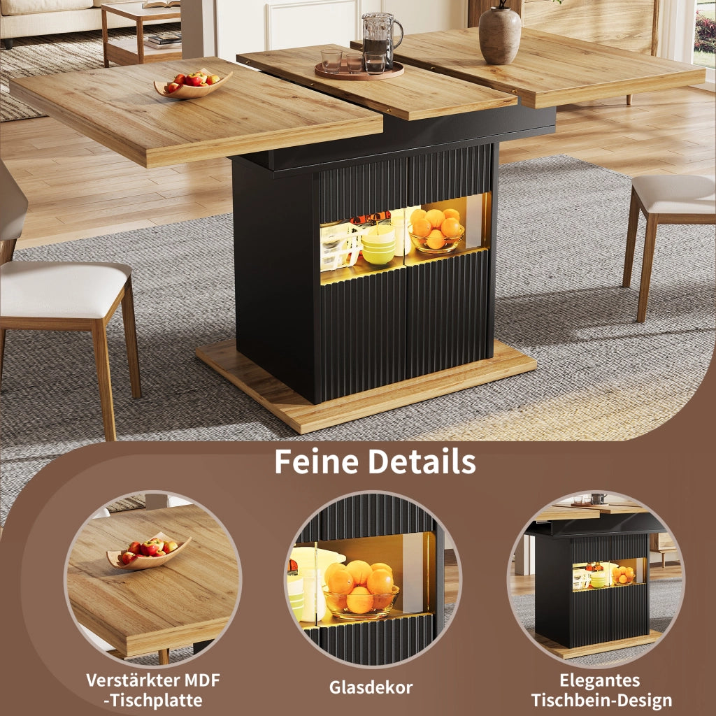 TAVOLO Allungabile 110-140x80x76 cm Nero Effetto legno con LED e vano contenitore