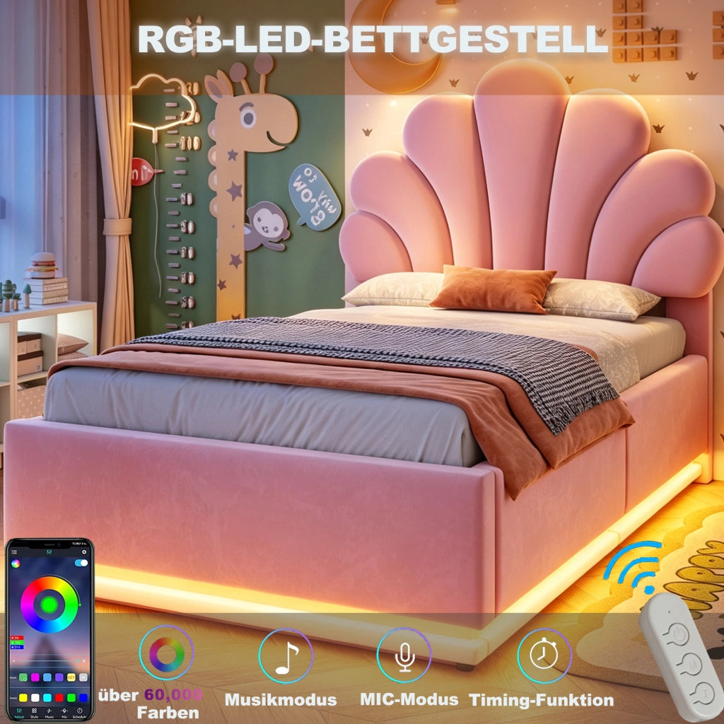 Letto imbottito contenitore 90 x 200 cm rosa con LED e testiera a fiore