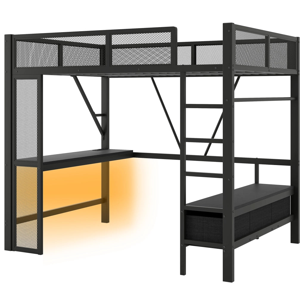 Letto a castello in metallo e MDF nero con scrivania LED USB e cassetti 140x200 cm