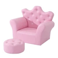 Set Poltrona per Bambini con Poggiapiedi e Bottoni Brillanti, Struttura in Legno con Imbottitura, Rivestimento PVC Rosa