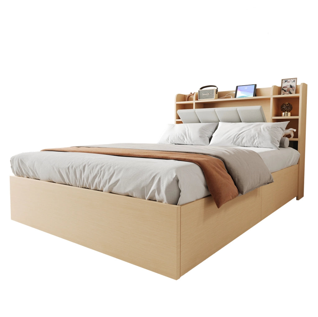 Letto con contenitore idraulico 140x200 cm in MDF; legno naturale; con testiera portaoggetti e USB