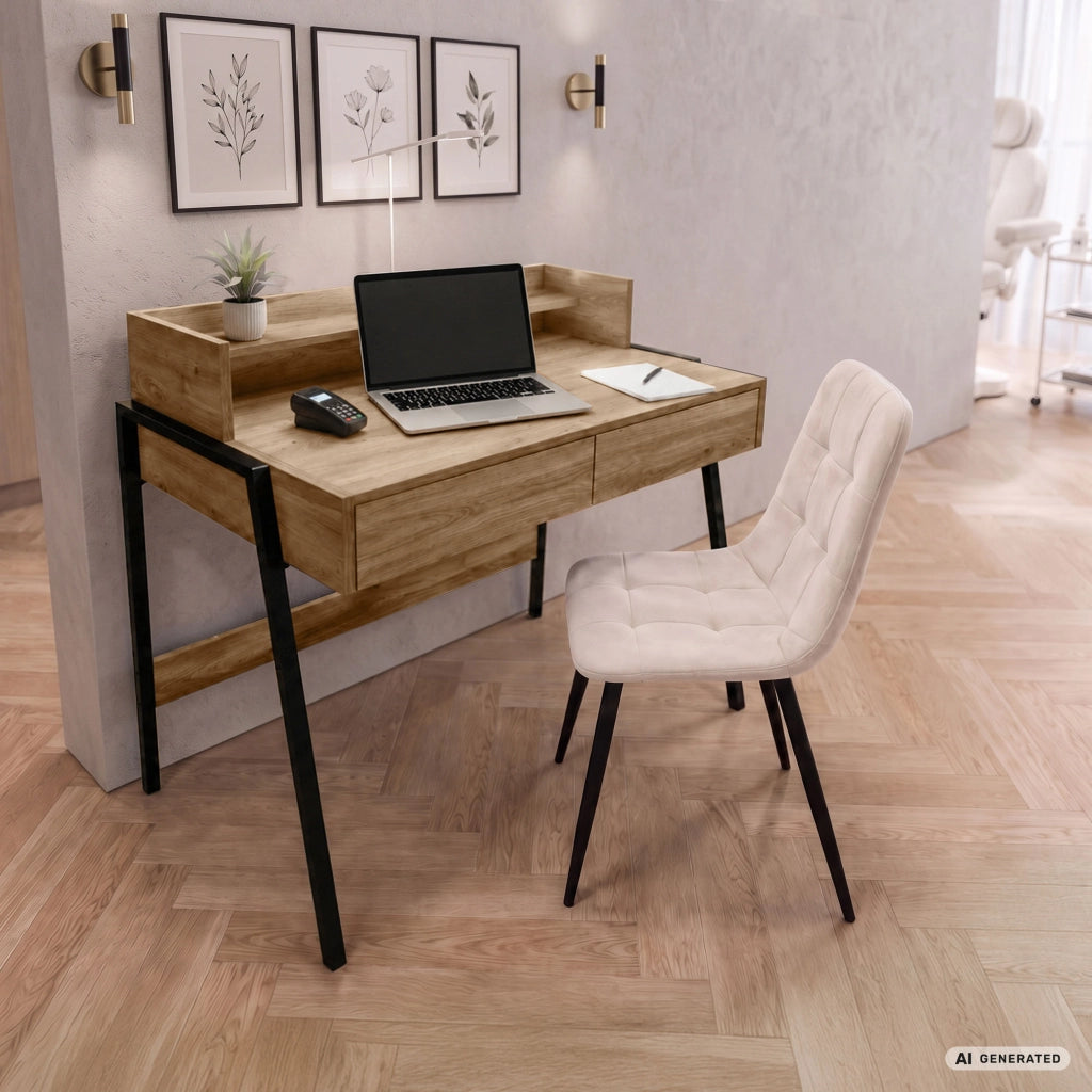 Scrivania industriale per computer Rovere Artisan FLUX 78 cm 2 cassetti 1 ripiano gambe nere