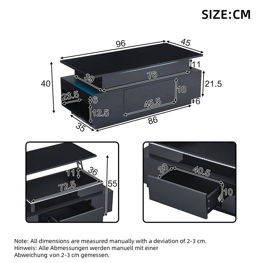 Tavolino-Xylo-96x45x40cm nero regolabile LED con tiroir