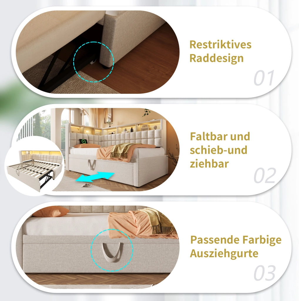 Letto singolo estraibile 90x200 beige con LED, USB-C e Bluetooth