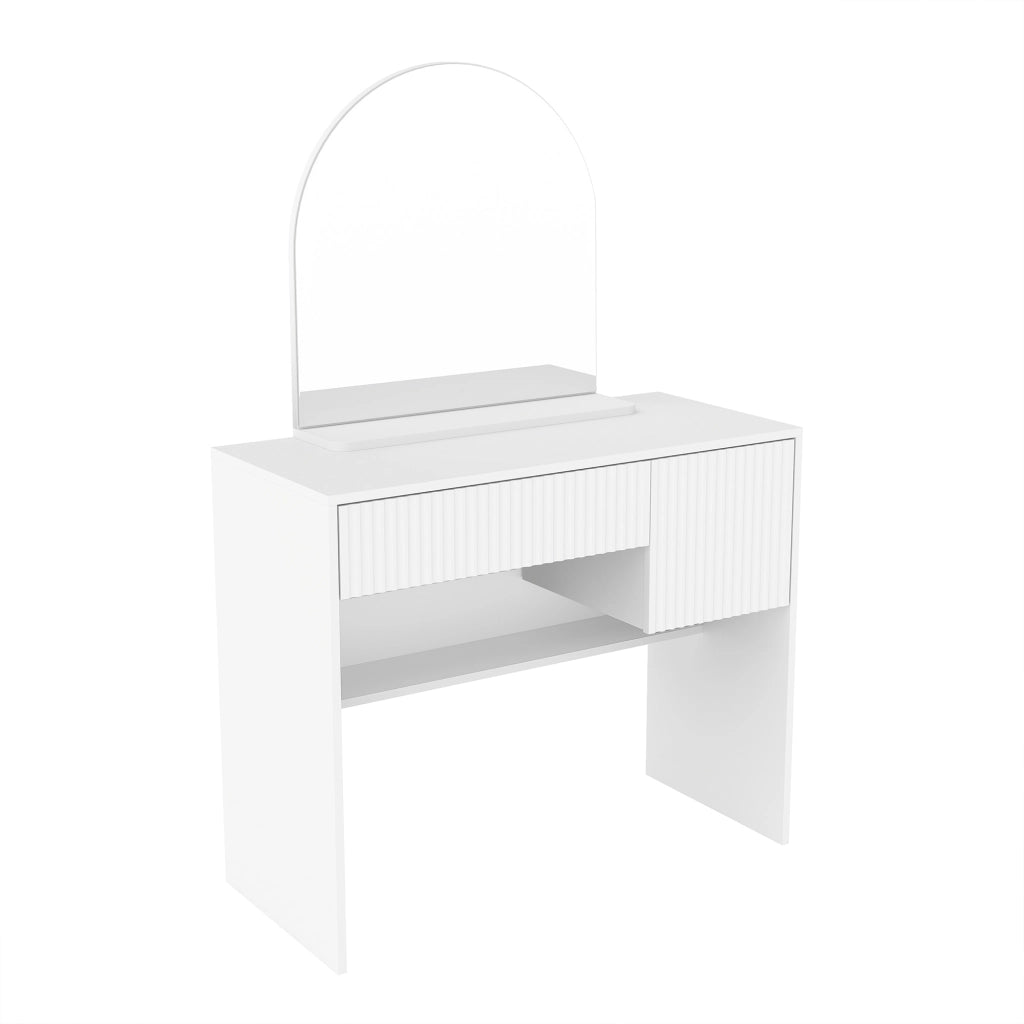 Toeletta con specchio arcuato 2 cassetti con divisori e ripiano inferiore in MDF bianco per camera da letto