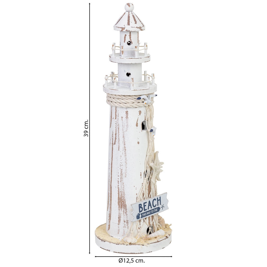 Figura decorativa a forma di faro in legno bianco con LED 12,5x12,5x39 cm