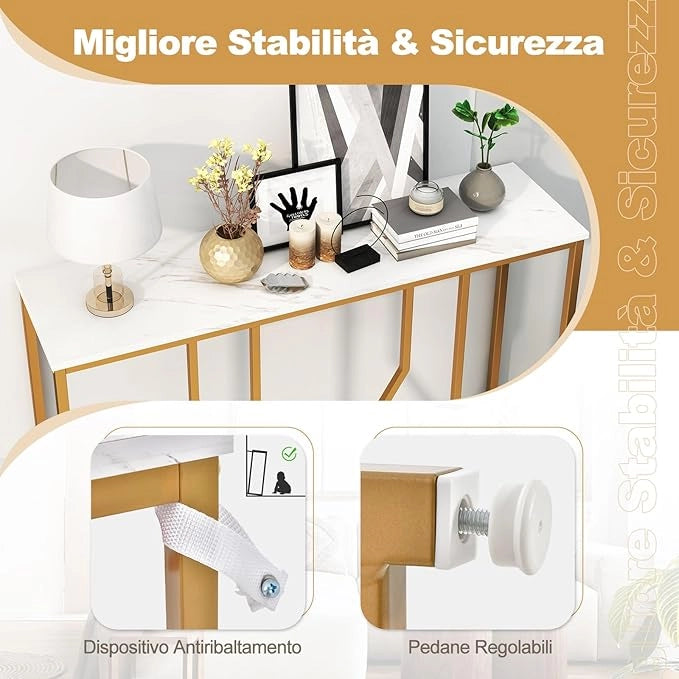 Tavolo Consolle 110cm, Tavolo da Ingresso con Piano Effetto Marmo, Struttura in Metallo, per Soggiorno, Corridoio, Ingresso