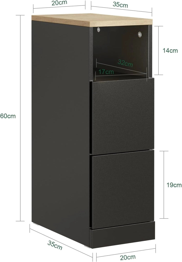 Comodino camera da letto 20 cm larghezza, Tavolino salotto con 2 cassetti & scomparto aperto per piccoli spazi, Comodino stretto per camera da letto soggiorno, 20x35x60 cm Nero, FBT149-SCH