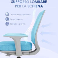 Sedia da Ufficio Ergonomica e Reclinabile ad Altezza Regolabile con 5 Rotelle, 55x48x82.5-94.5 cm, Azzurra