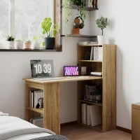 Scrivania per Computer con Mensola, Scrivania ad Angolo, Libreria Adiacente Multi-Archiviazione, Rovere