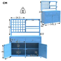 Armadio da giardino in legno con ripiani, armadio multifunzionale per esterni con piano aperto, 141,5x44x105 cm, Blu