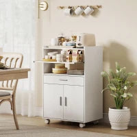 Mobile Microonde in Legno con Cassetto, Armadietto a 2 Ante e 2 Ripiani, 59x40x92 cm, Bianco