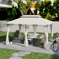 Gazebo da Giardino 3x4 m con Tende Rimovibili, Doppio Tetto e Struttura in Metallo, Crema