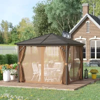 Gazebo da Giardino 3x3m in Alluminio con Zanzariera, Tende Laterali e Tetto Rigido, Marrone