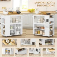 Carrello Isola da Cucina con Ripiani Regolabili, Portacoltelli e Piano in Legno, 86.5x47x88 cm, Bianco