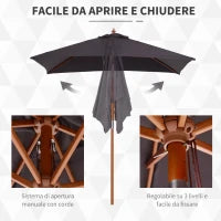 Ombrellone da Giardino Inclinabile 2x1.5 m con 6 Stecche e Palo in Legno di Abete, Grigio Scuro