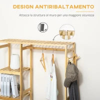 Appendiabiti da Terra in Legno di Bambù, Attaccapanni con Mensole Laterali per Ingresso e Camera da Letto, 90x30x155cm