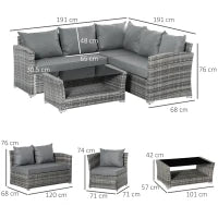 Set Mobili da Giardino in Rattan PE da 4 Pezzi, Salotto con Divano Angolare e Tavolino con Vetro, Cuscini Imbottiti e Sfoderabili, Grigio