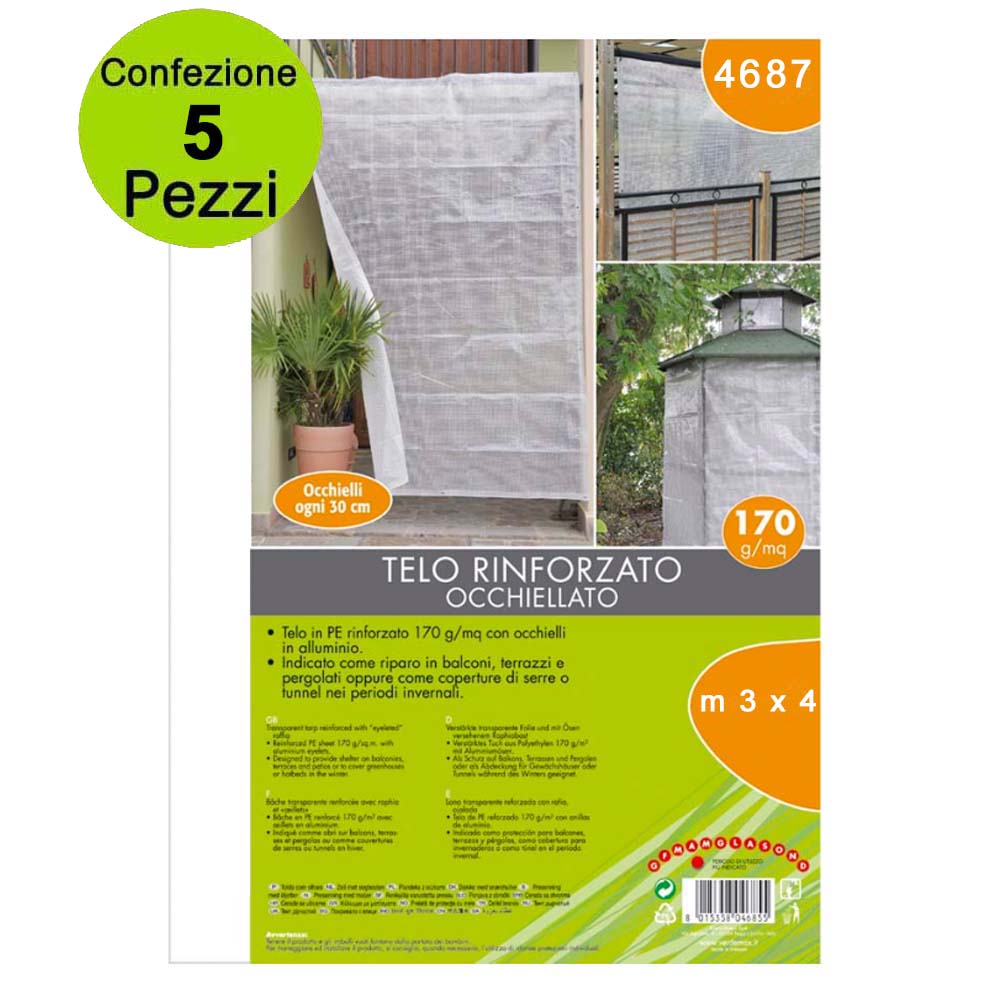 Multipack 5 pezzi telone occhiellato di protezione rinforzato in pe trasparente 170 g/mq 3x4 metri