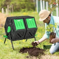 Compostiera da Giardino per Rifiuti Girevole 360°, Due Contenitori 130 L, in Acciaio e PP, 67 x 60 x 77 cm, Nero