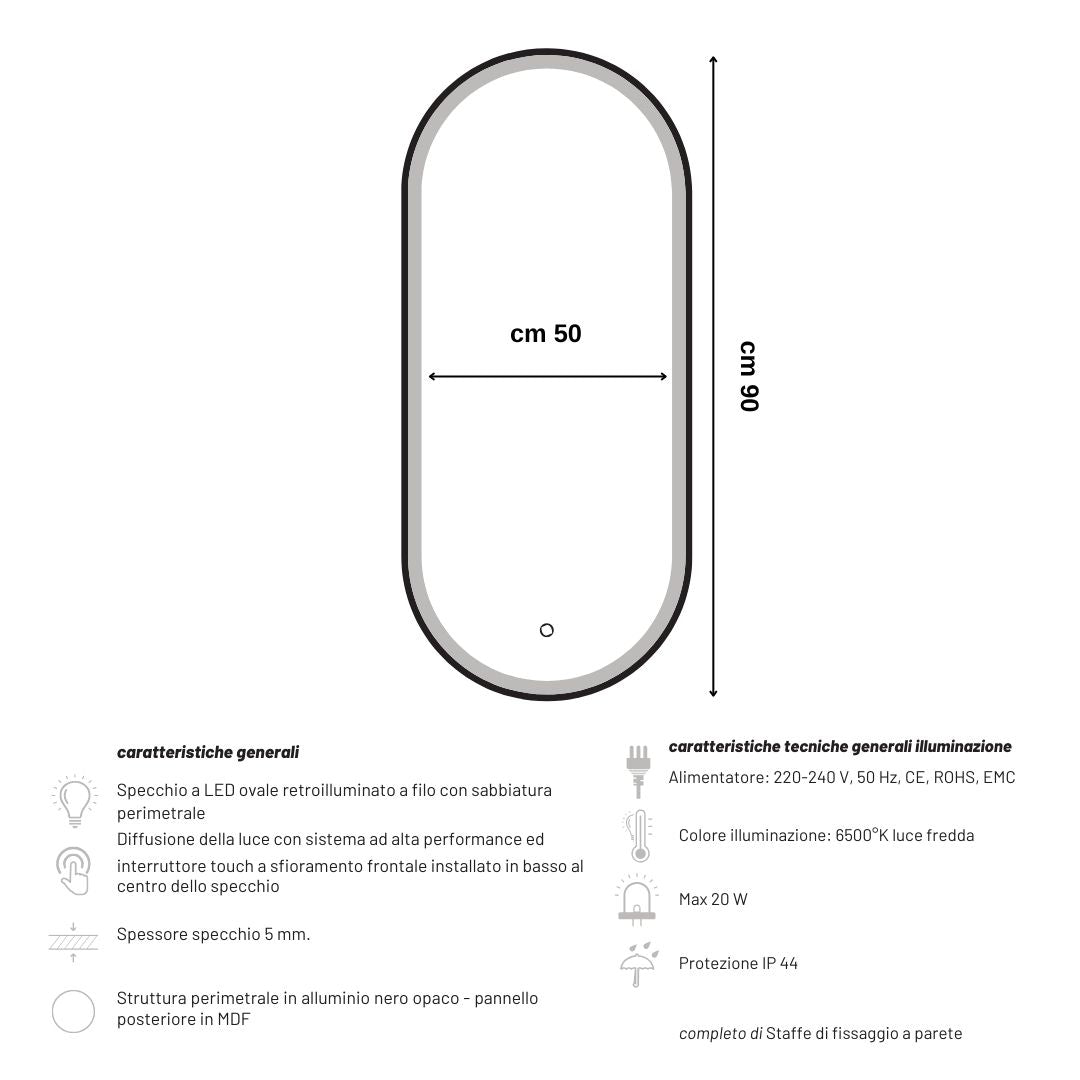 Specchio 5 mm ovale cornice nera retroilluminato led interruttore touch *** misure 50x90 cm, tonalità standard 6000-...