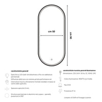 Specchio 5 mm ovale cornice nera retroilluminato led interruttore touch *** misure 50x90 cm, tonalità standard 6000-...