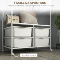 Stand Appendiabiti con Scarpiera a 4 Cesti e 8 Ganci, in Acciaio e Plastica, 63x37x153 cm, Bianco