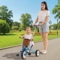 Triciclo per Bambini 2 in 1, con Manubrio regolabile, Pedali Antiscivolo, Poggiapiedi Pieghevoli e Cestino, età 2-5 Anni, Azzurro
