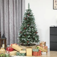 Albero di Natale Alto 150 cm da Interno con 398 Rami, Pigne e Bacche Rosse, Base in Metallo, Verde