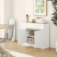 Mobile Buffet con Ante, 3 Ripiani Aperti, Cassetto, 105 x 30 x 81,5cm, Bianco e Legno