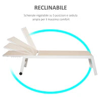 Lettino Prendisole con Schienale Reclinabile, in Alluminio e Textilene, 169x65x102 cm, Beige e Bianco