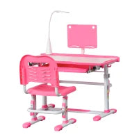Set Scrivania per Bambini 6-12 Anni con Sedia Regolabile in Altezza, Cassetto, Luce e Piano Inclinabile, Rosa