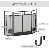 Parascintille Camino Moderno, Parafuoco Pieghevole con 2 Porte in Metallo Nero, 122x1.6x80cm