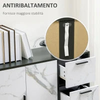 Mobile Dispensa a 2 Ante e 3 Cassetti in MDF e Acciaio per Soggiorno, Cucina e Studio, 90x30x80 cm, Bianco e Nero