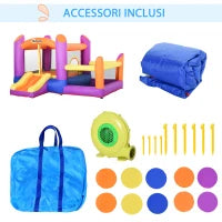 Castello Gonfiabile per Bambini da Giardino, Parco Acquatico Gionfiabile con Scivolo, Trampolino e Piscina , Multicolor, 280x 250x170cm