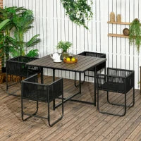 Set da Giardino 5 Pezzi in Rattan PE e Acciaio, 4 Sedie da Esterno con Cuscini e Tavolo Rettangolare