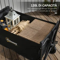 Carrello da Giardino da 120L Pieghevole con Pannello Apribile, in Acciaio e Poliestere, 90x48x62 cm, Nero