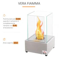 Camino a Bioetanolo da Tavolo con Bruciatore da 0.4L, Biocamino in Acciaio e Vetro per Interni ed Esterni, 20x20x33cm, Argento