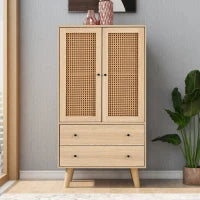 Credenza legno multifunzione con 2Ante in Rattan e 2Cassetti, impermeabili e gambe in legno di pino massiccio, Quercia