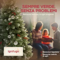 Albero di Natale Alto 150 cm da Interno con 398 Rami, Pigne e Bacche Rosse, Base in Metallo, Verde