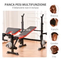 Panca Multifunzione Regolabile con Supporto per Bilanciere, in Acciaio e Plastica, 175x139x127 cm, Rosso e Nero