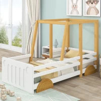 Letto Montessori a Forma di Jeep con Ruote e Sponde Protettive, Letto per Cameretta, Senza Materasso, in Legno e MDF, 90x200 cm, Bianco